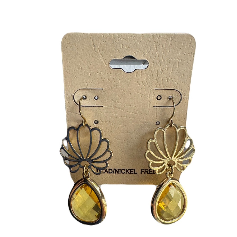 Gold Floral Drop Earrings with Yellow Teardrop Gemstone Accent